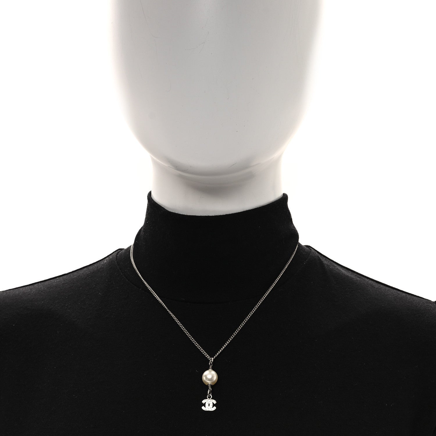 Chanel Pearl Crystal CC Pendant Necklace Silver 2 of 4