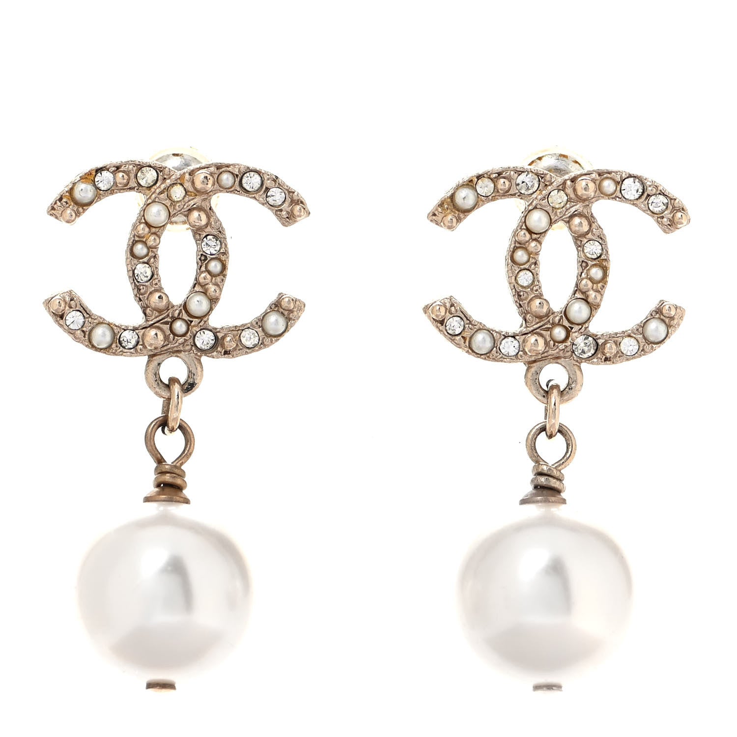 Chanel Crystal Pearl CC Drop Earrings Gold 1 of 4