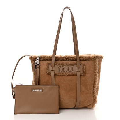 Miu Miu Shearling Suede Shopping Tote Caramel 3 of 10