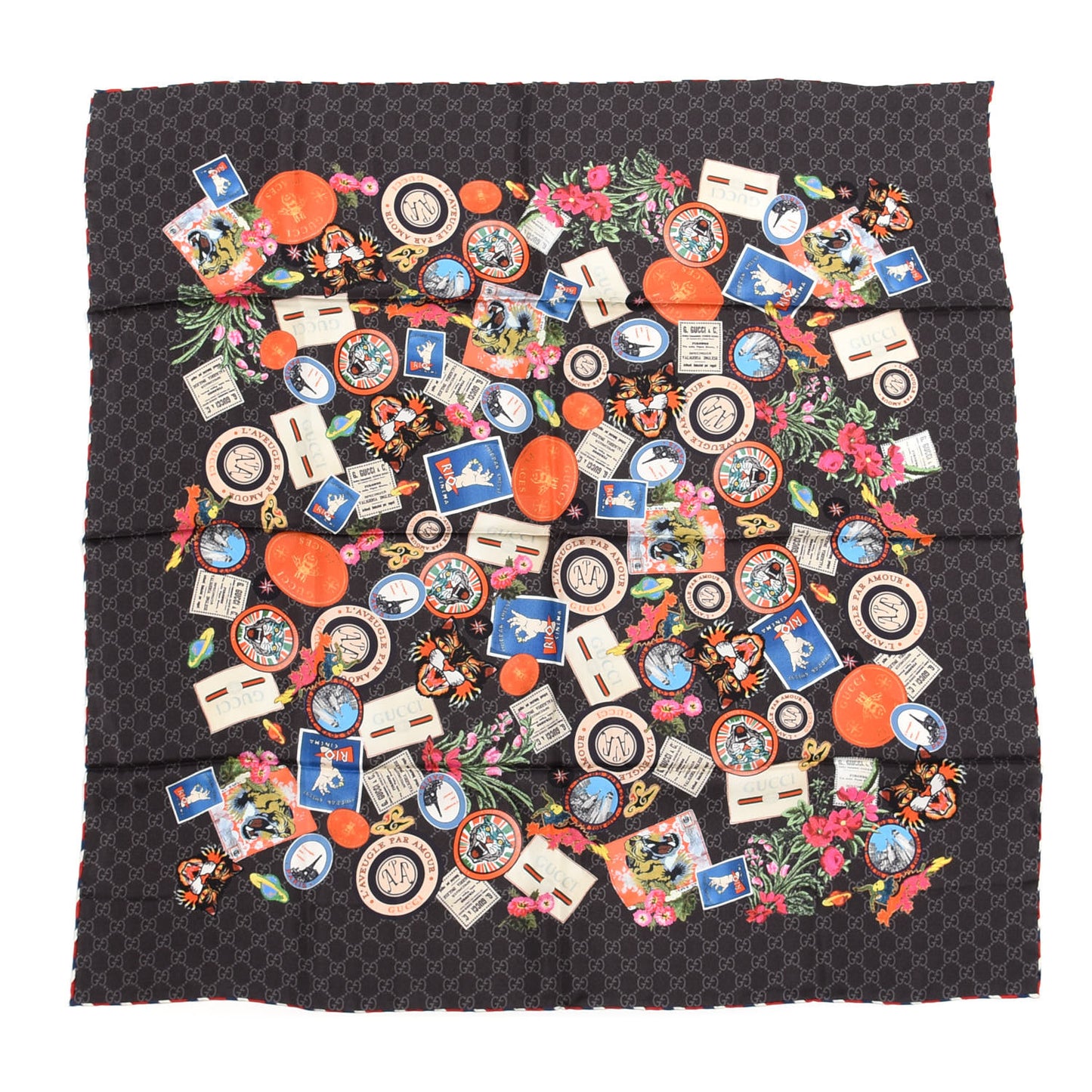 Silk Twill Monogram Courrier Square Scarf Black Light Grey