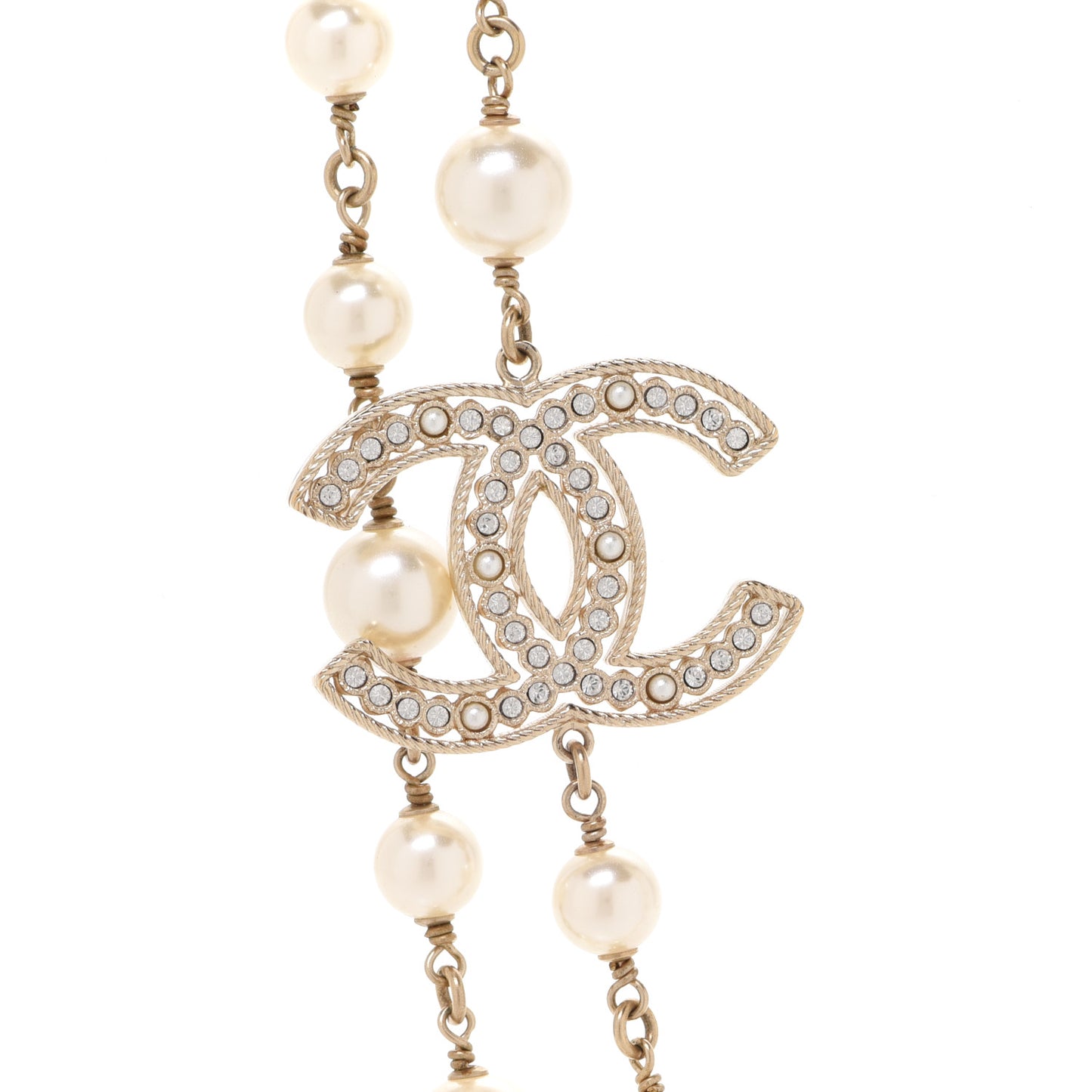 Crystal Baguette Pearl CC Necklace Gold