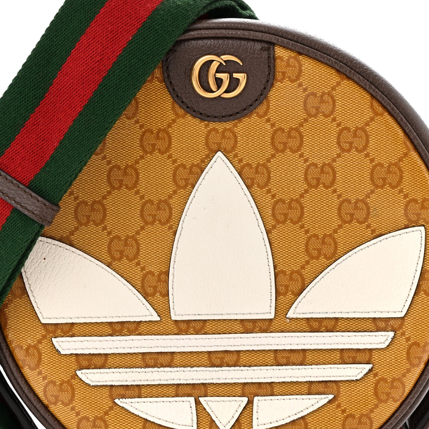 Gucci X ADIDAS Crystal Vintage Monogram Textured Dollar Calfskin Web Trefoil Small Ophidia Round Shoulder Bag Mid Natural Nut Off White New Acero 7 of 10