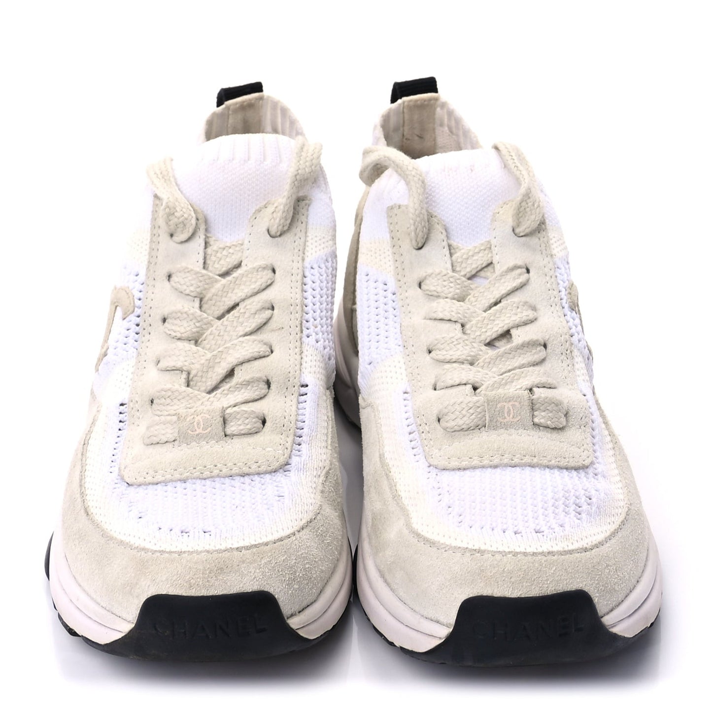 Knit Fabric Suede Calfskin Womens CC Sneakers 36.5 Ivory Light Beige