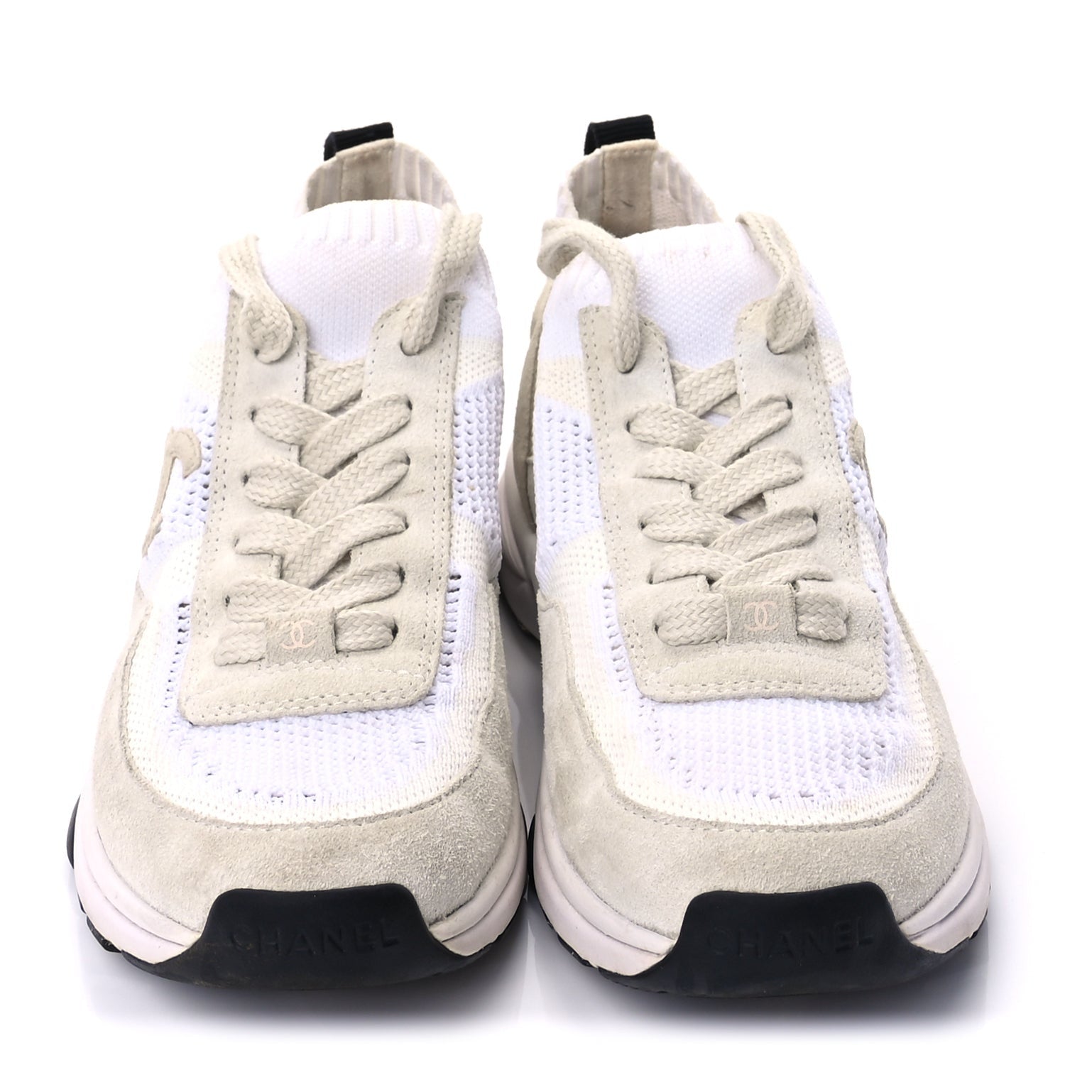 Chanel Knit Fabric Suede Calfskin Womens CC Sneakers 36.5 Ivory Light Beige 2 of 10