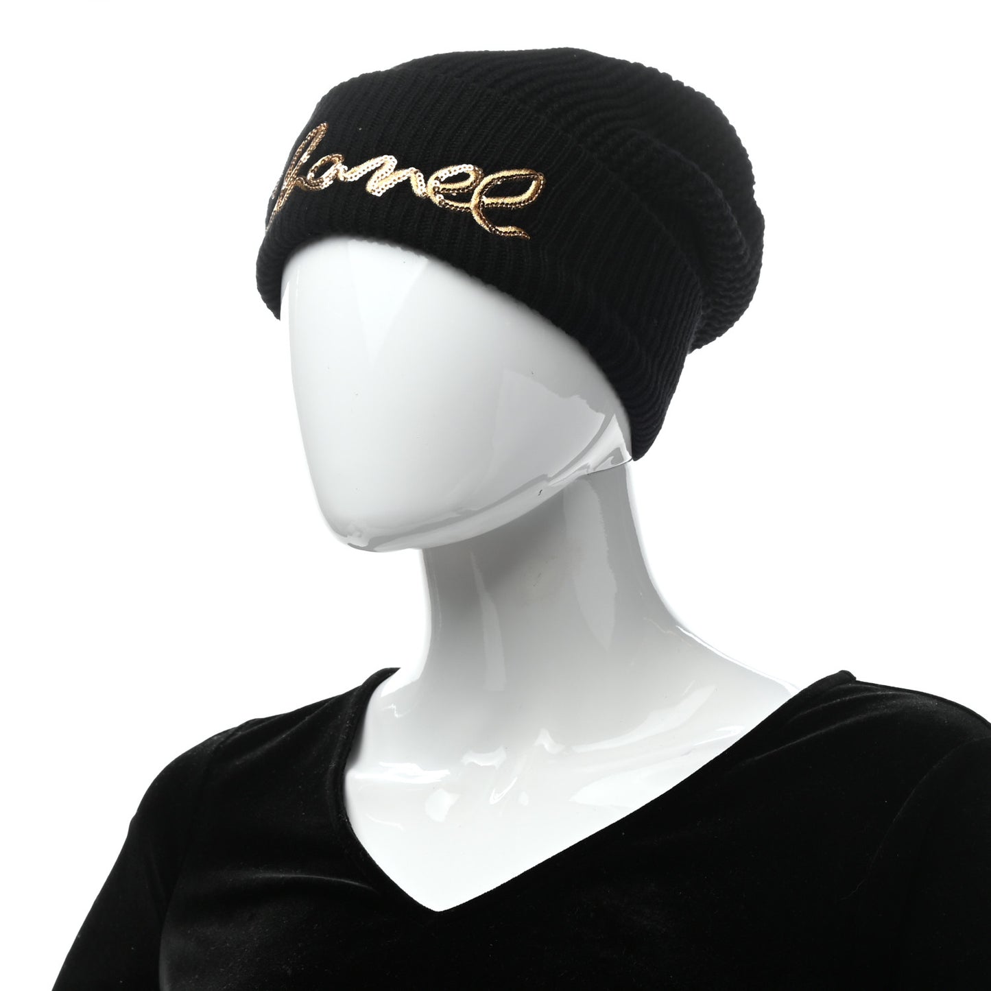 Cashmere Sequin Logo Beanie Hat Black Gold