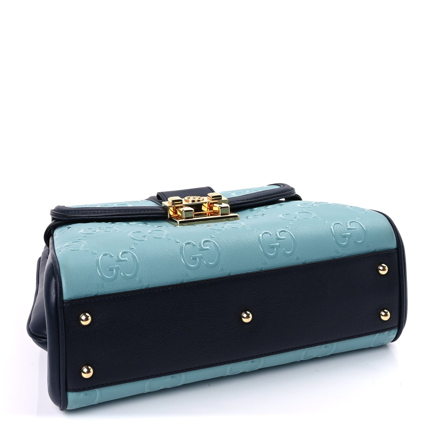 Gucci Wonka Grain Calfskin Bi-Color GG Debossed Small Top Handle  Dusty Azure Blue 3 of 7