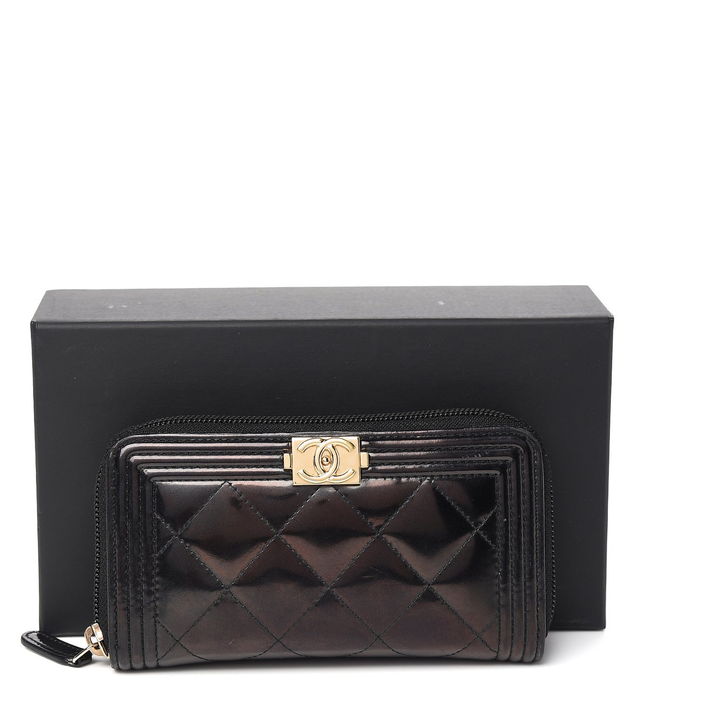 Glazed Calfskin Quilted Small Boy Zip Around Wallet Black