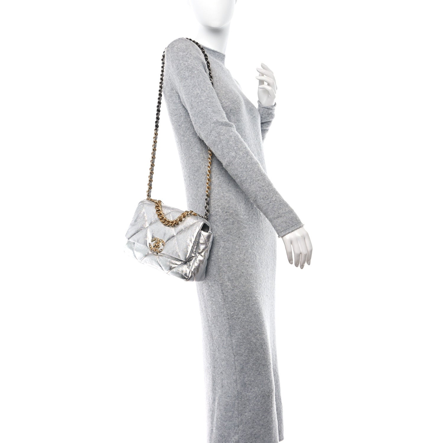 Chanel Metallic Goatskin Quilted Medium Chanel 19 Flap Silver 2 of 10