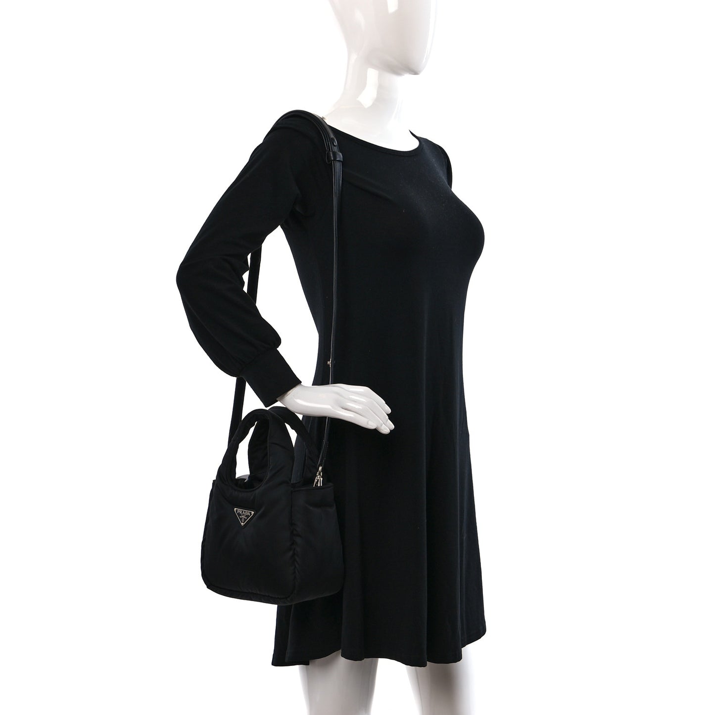 Re-Nylon Soft Padded Small Double Handled Shoulder Bag Black