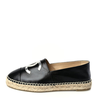 Chanel Patent Calfskin Metallic Goatskin CC Espadrilles 37 Black Silver 1 of 9