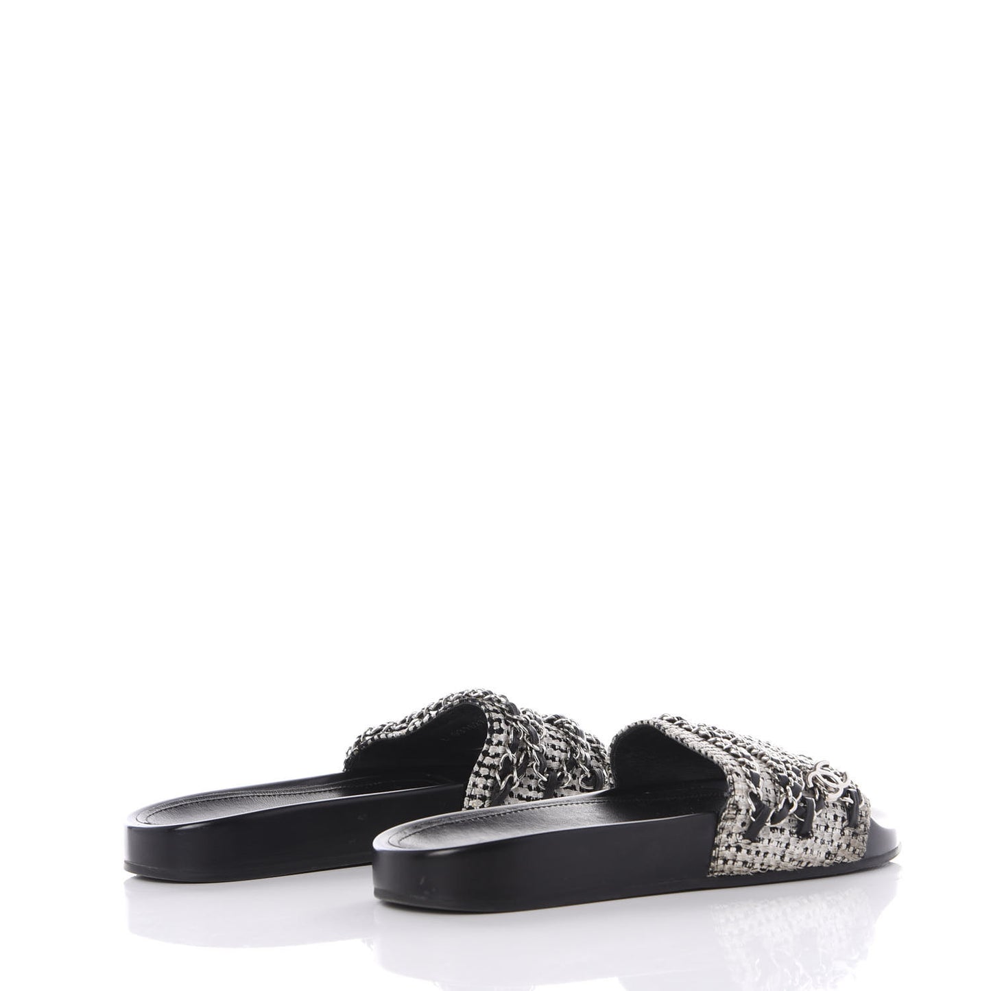 Tweed Lambskin Chain Flat Sandals 37 White Black