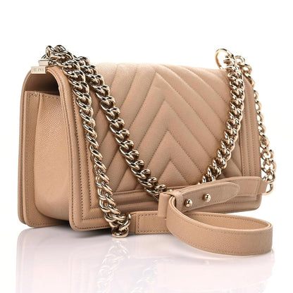 Chanel Caviar Chevron Quilted Medium Boy Flap Dark Beige 3 of 12