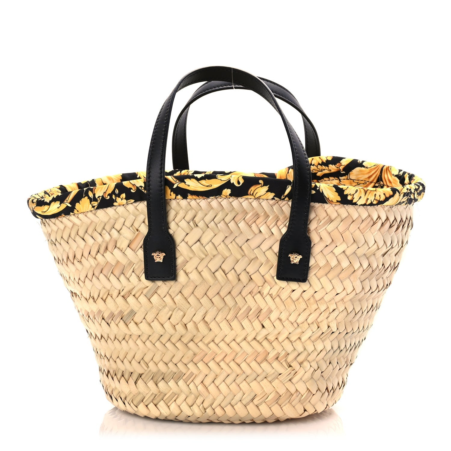 Versace Straw Calfskin Barocco Beach Bag Natural Black Gold 1 of 8