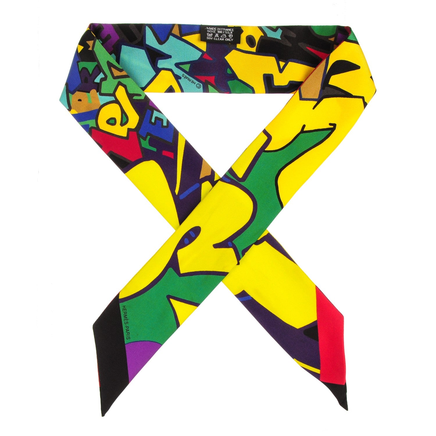 Hermes Silk Graff Graffiti Twilly Noir Jaune Vert 1 of 5