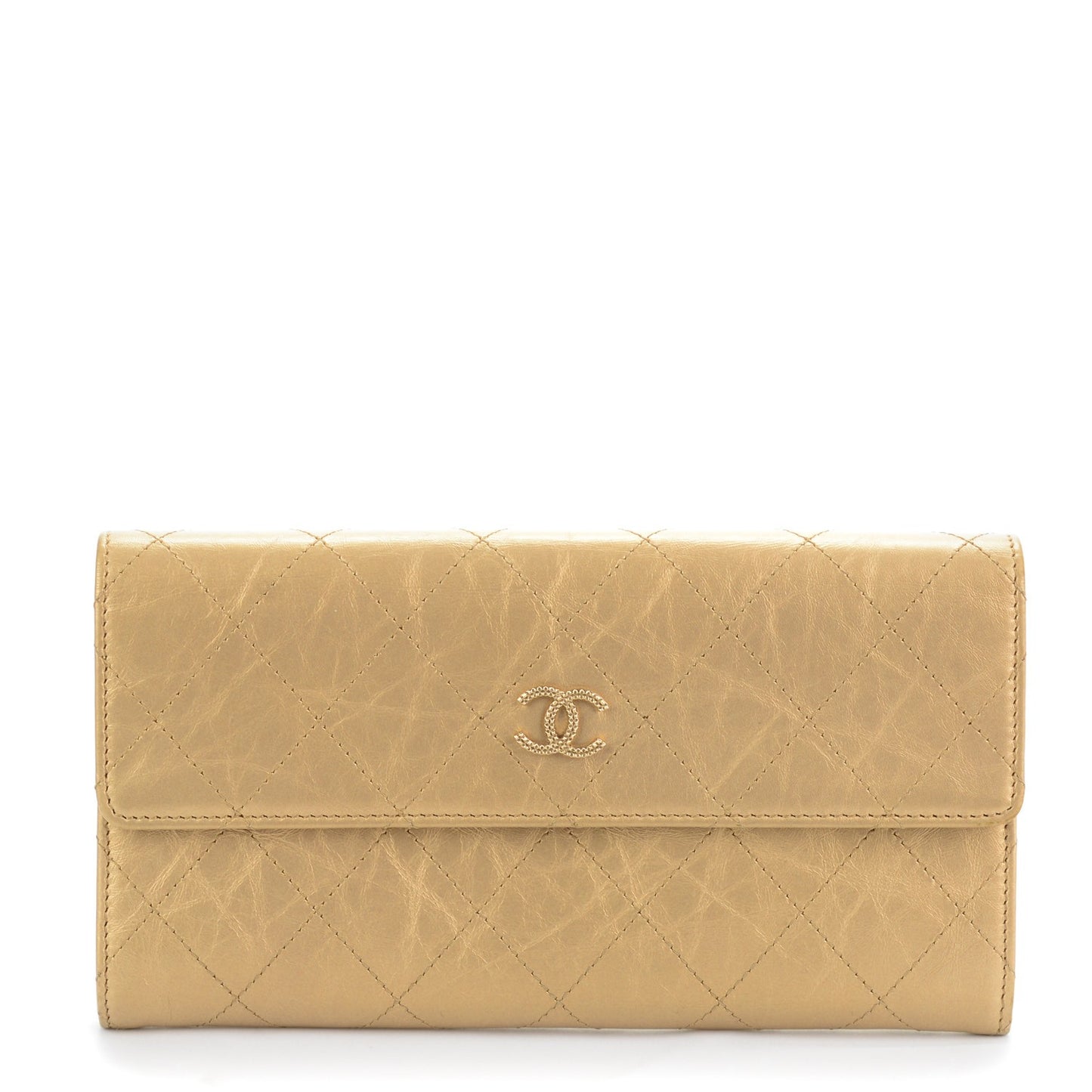 Aged Metallic Calfskin Quilted Large Palette Flap Wallet Gold