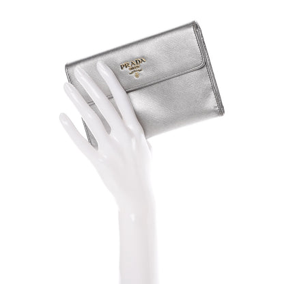 Prada Metallic Saffiano French Flap Compact Wallet Silver 2 of 15