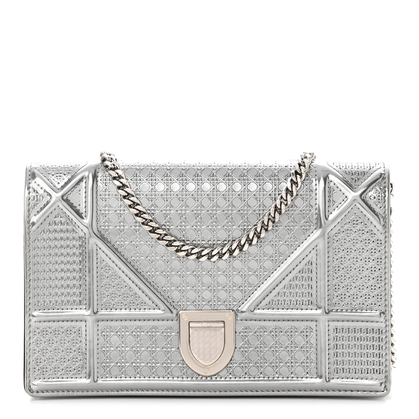 Metallic Patent Micro-Cannage Diorama Wallet on Chain Pouch Silver