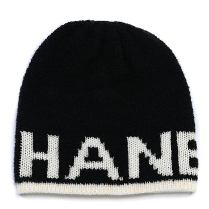 Chanel Cashmere Wool Silk Logo Beanie Hat Black White 1 of 6