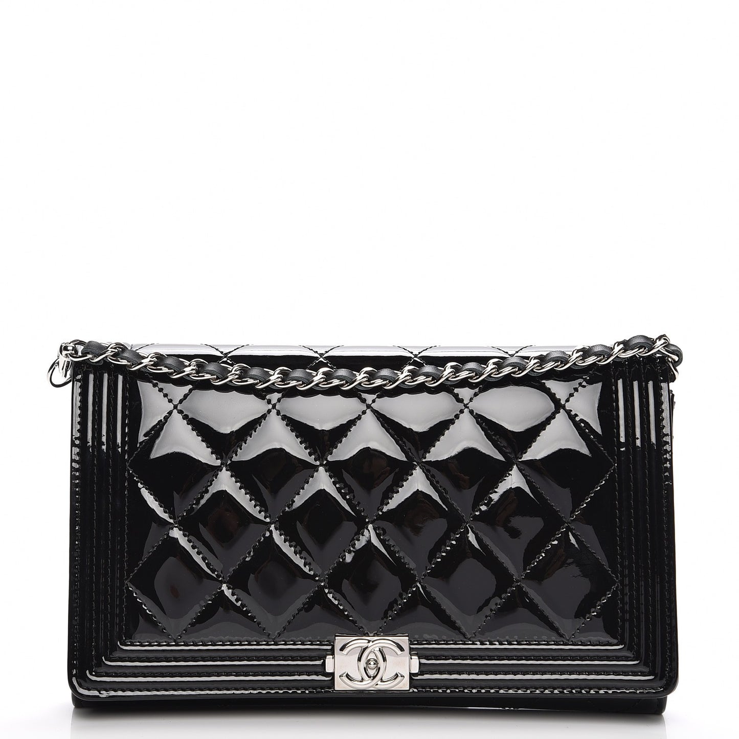 Patent Calfskin Quilted Boy Wallet on Removable Chain Black