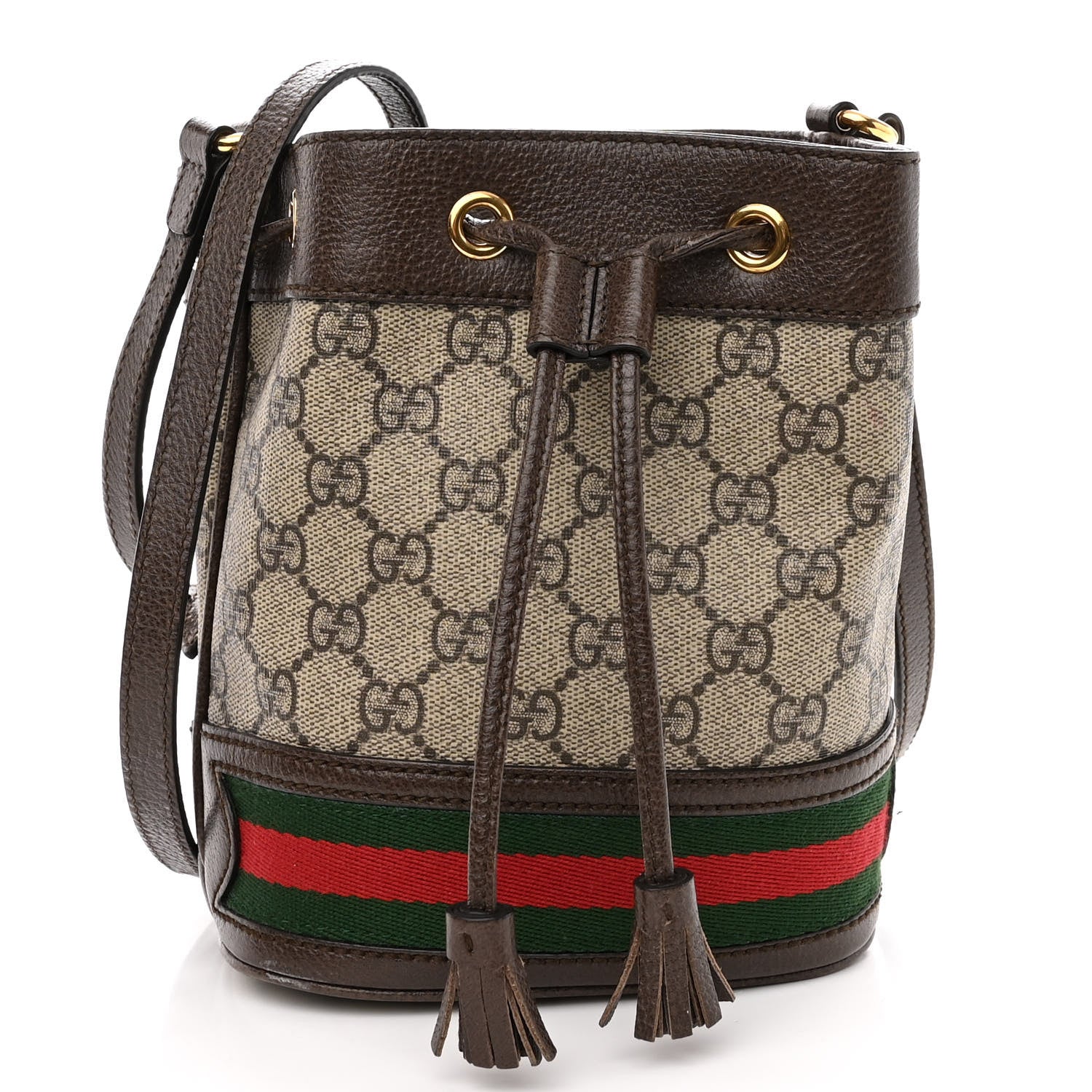 Gucci GG Supreme Monogram Web Mini Ophidia Bucket Bag Brown 1 of 15