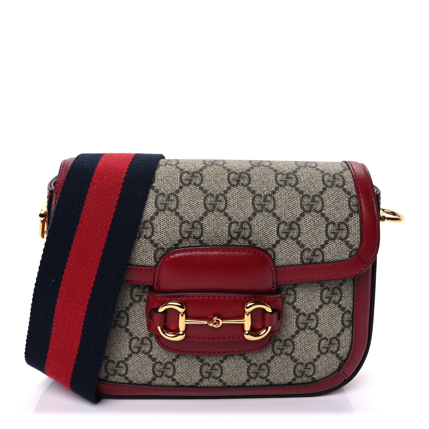 Gucci GG Supreme Monogram Web Mini Horsebit 1955 Shoulder Bag  Beige Ebony New Cherry Red 1 of 8