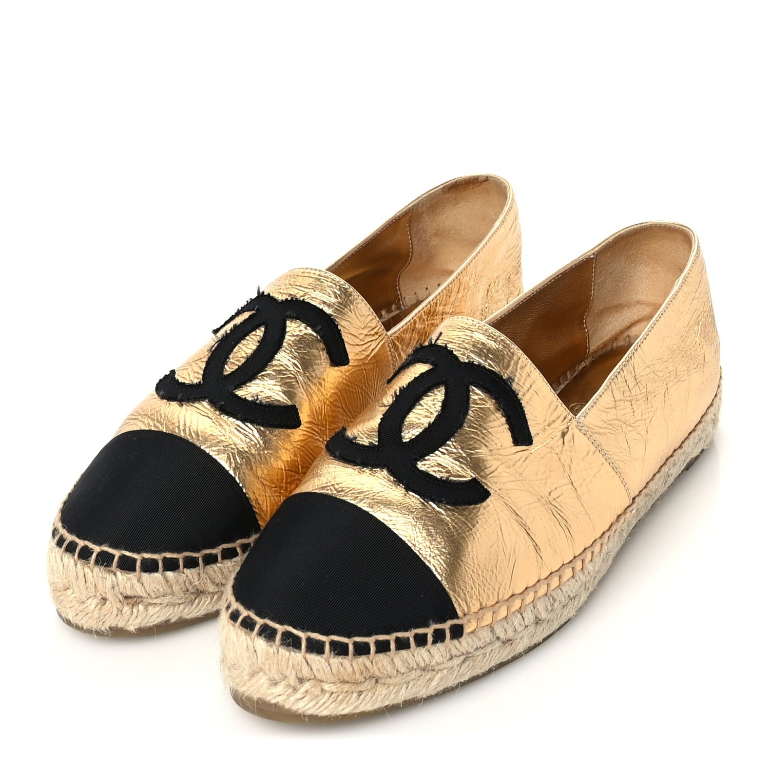 Chanel Laminated Lambskin Grosgrain CC Espadrilles 41 Gold Black 2 of 8