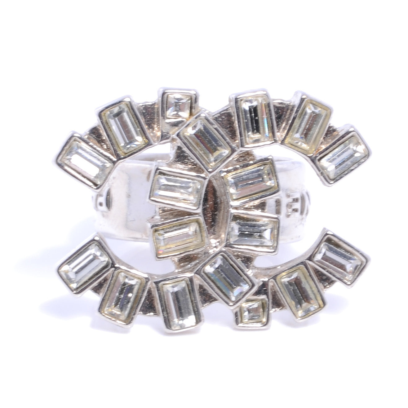 Chanel Crystal Baguette CC Logo Ring 6.5 Silver 1 of 6