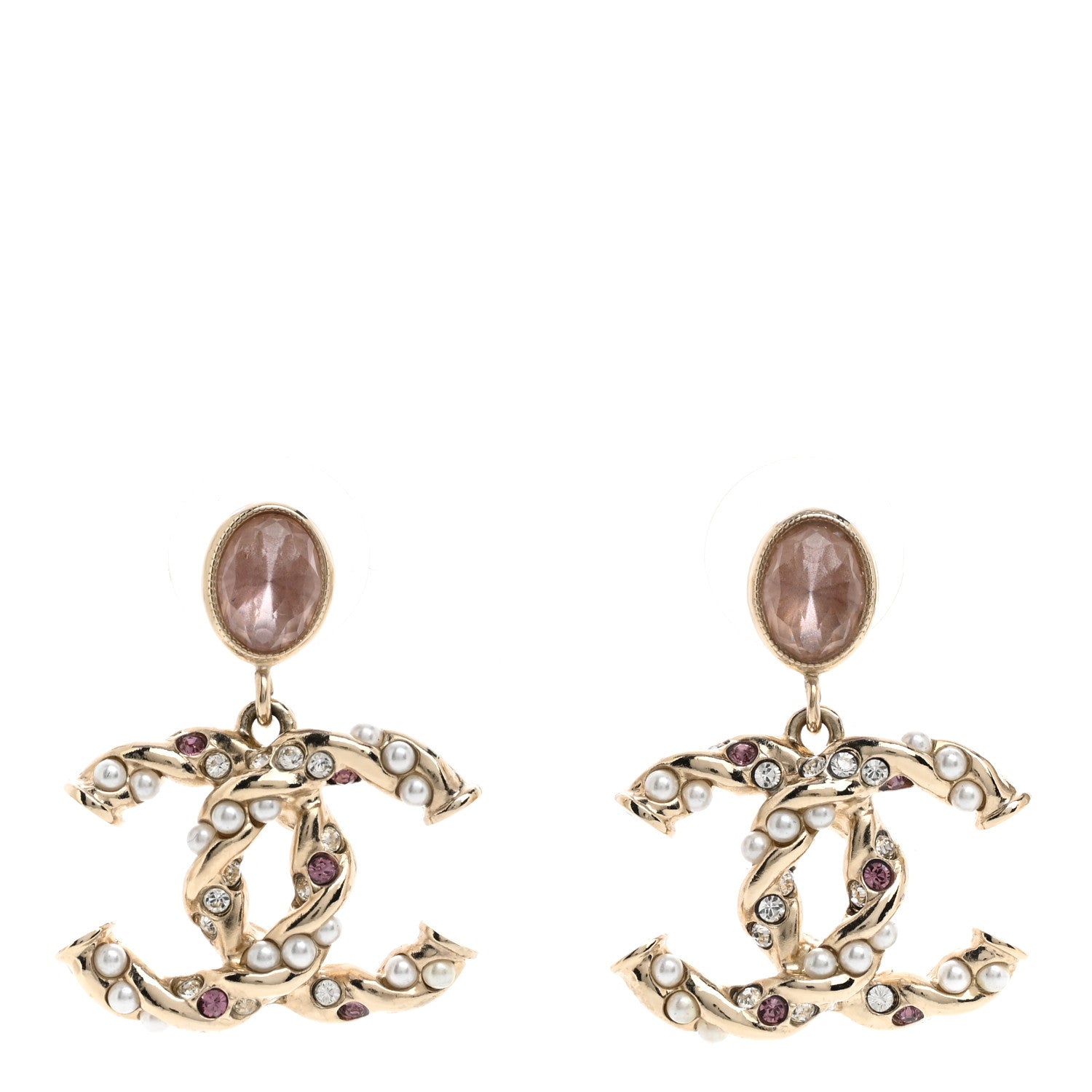 Chanel Crystal Pearl CC Drop Earrings Pink Gold 1 of 5