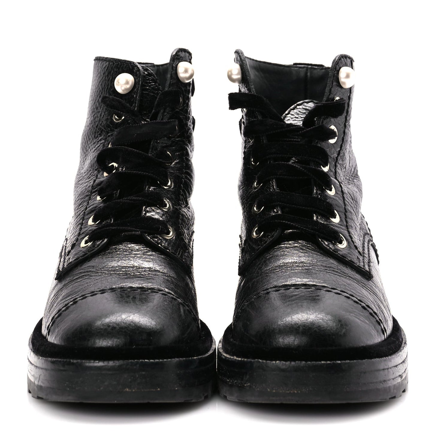 Shiny Calfskin Velvet Pearl Combat Short Boots  Black