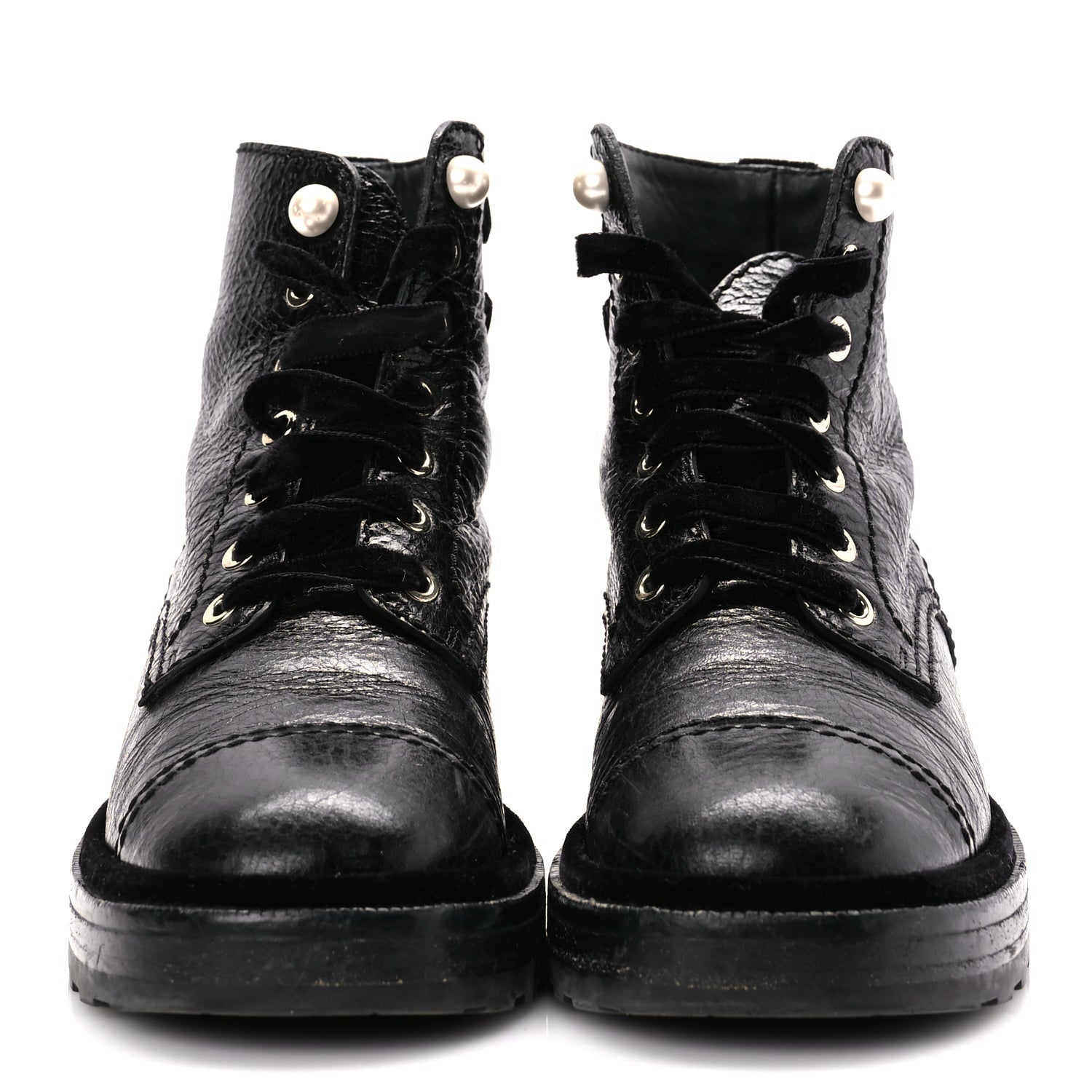 Chanel Shiny Calfskin Velvet Pearl Combat Short Boots  Black 2 of 10
