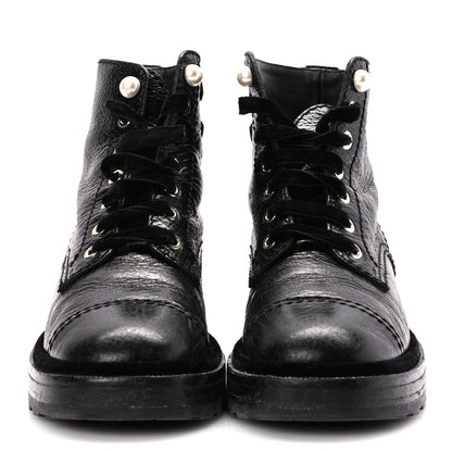 Chanel Shiny Calfskin Velvet Pearl Combat Short Boots  Black 2 of 10