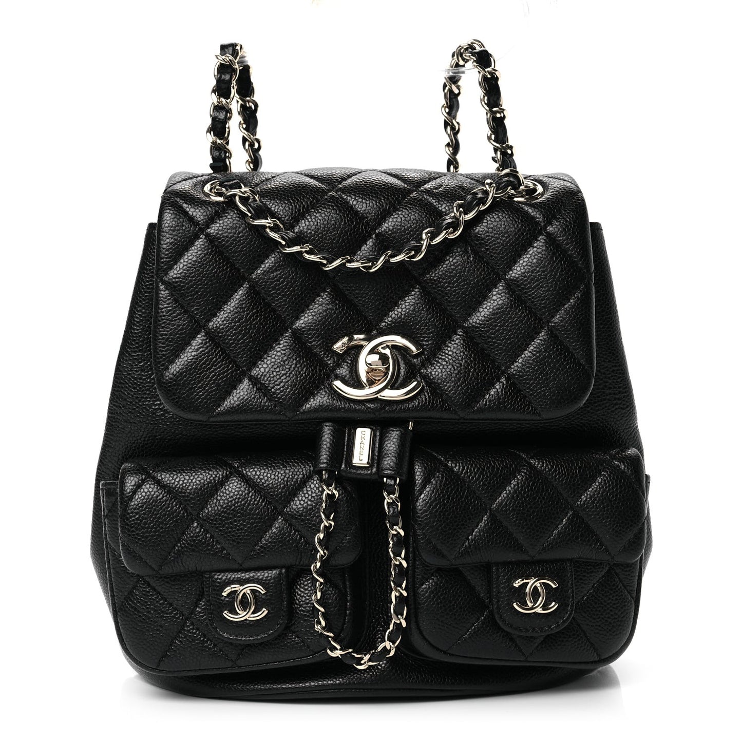 Shiny Caviar Quilted Small Duma Pockets Drawstring Backpack Black