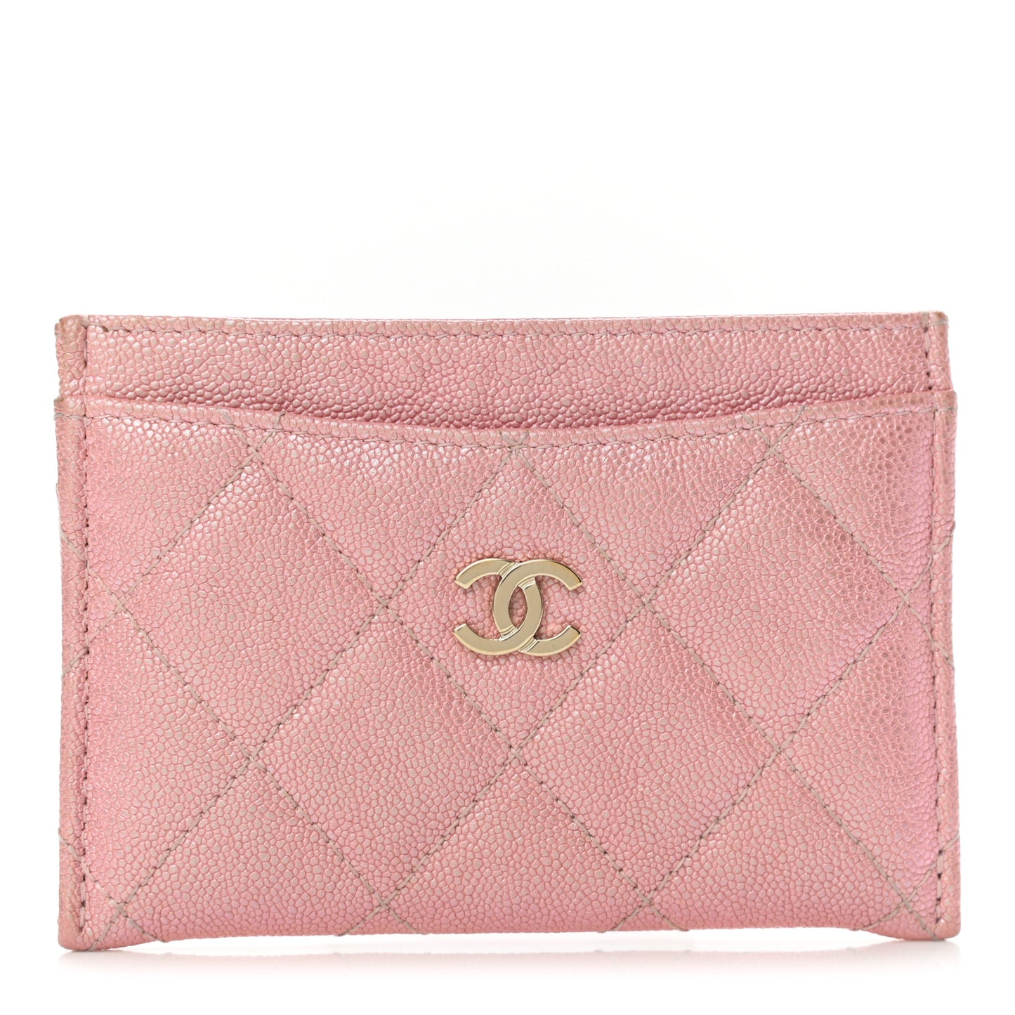 Iridescent Caviar Quilted Card Holder Pink