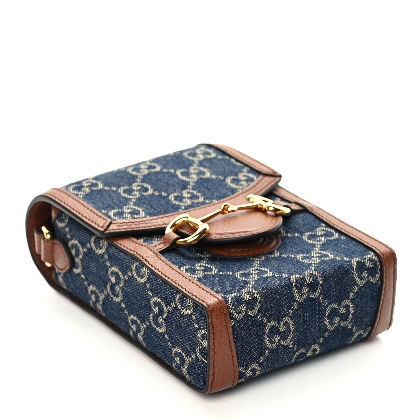New Denim GG Monogram Dollar Calfskin Mini Horsebit 1955 Crossbody Bag Blue Tea Cuir Epilog
