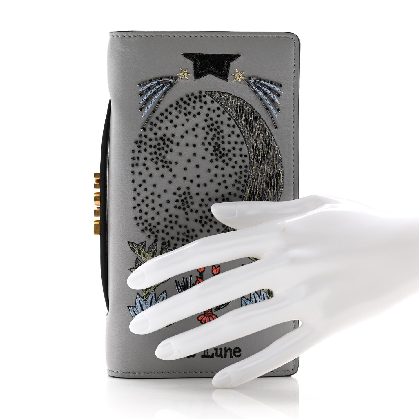 Lambskin Embroidered La Lune Tarot Pouch Clutch Grey