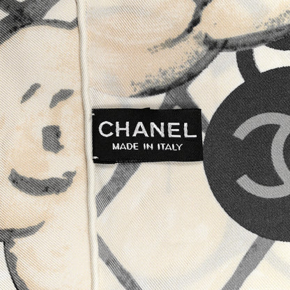 Chanel Silk CC Logo Camellia Scarf White Black 3 of 3