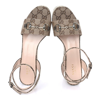 Gucci Monogram Nappa Chalotte Horsebit Ankle Strap 75mm Flatform Sandals 37.5  Beige Ebony 5 of 7