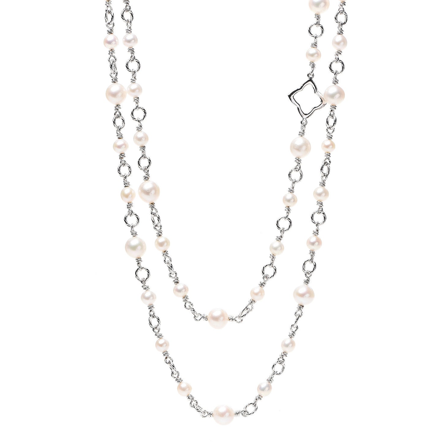 Sterling Silver Pearl 9mm Quatrefoil Long Chain Necklace