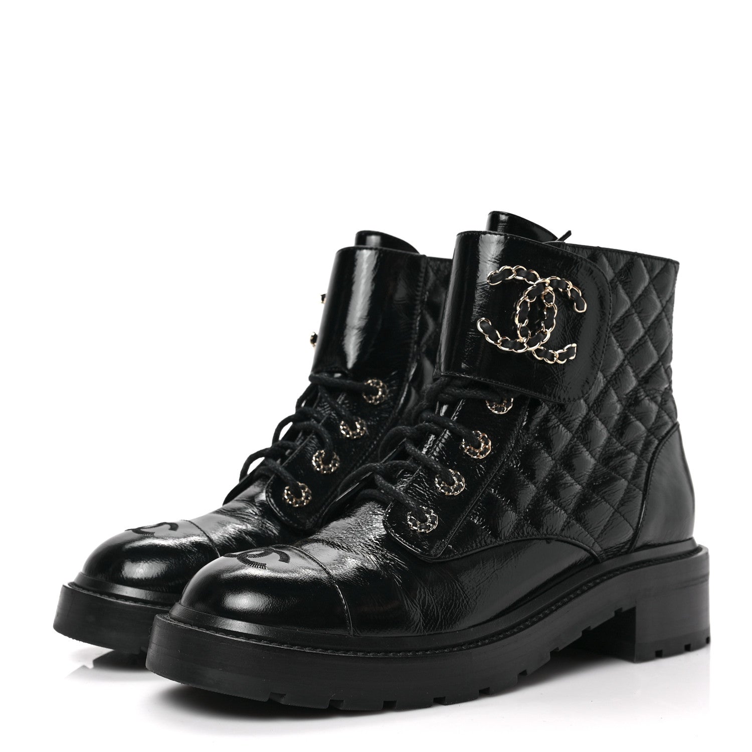 Chanel Shiny Calfskin Quilted Lace Up Combat Boots 40.5 Black 3 of 7