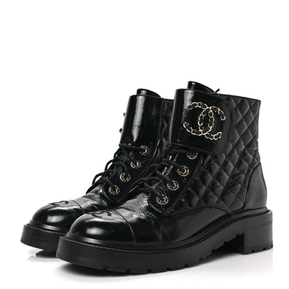 Chanel Shiny Calfskin Quilted Lace Up Combat Boots 40.5 Black 3 of 7