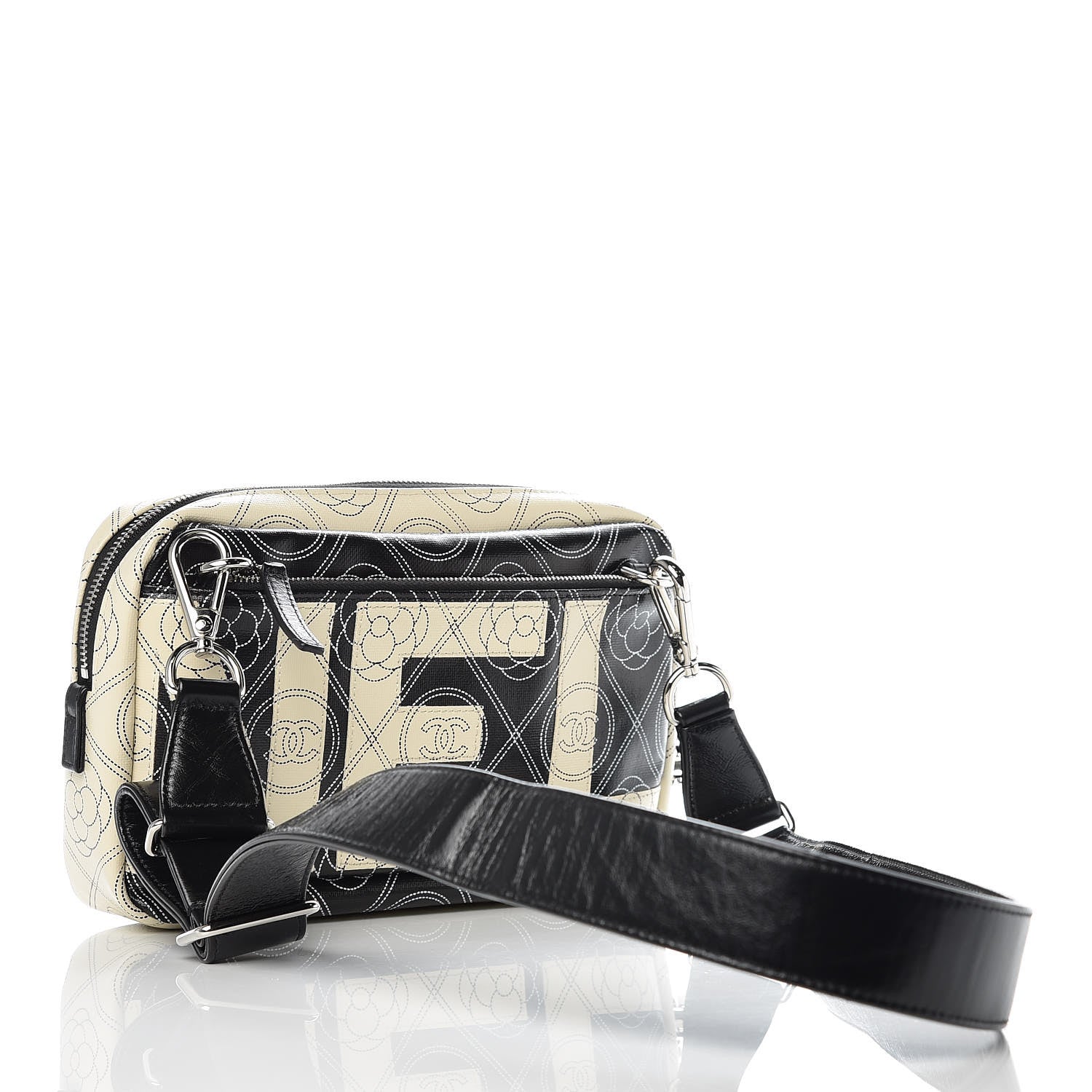Chanel Coated Canvas Calfskin Camellia Printed Camera Case Black Beige 3 of 10