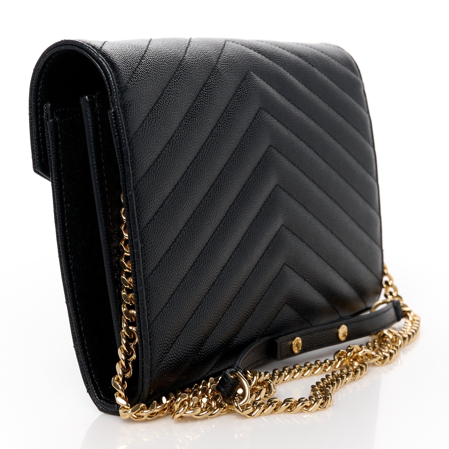 Saint Laurent Grain De Poudre Matelasse Chevron Monogram Chain Wallet Black 3 of 10