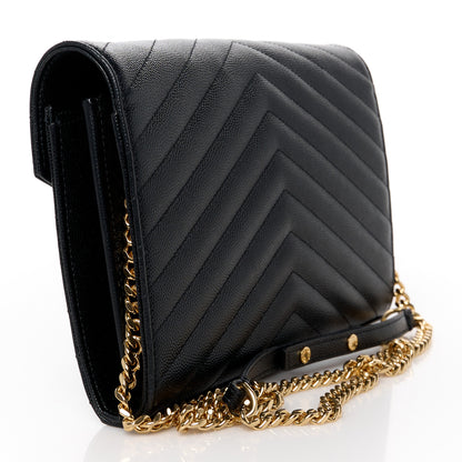 Saint Laurent Grain De Poudre Matelasse Chevron Monogram Chain Wallet Black 3 of 10