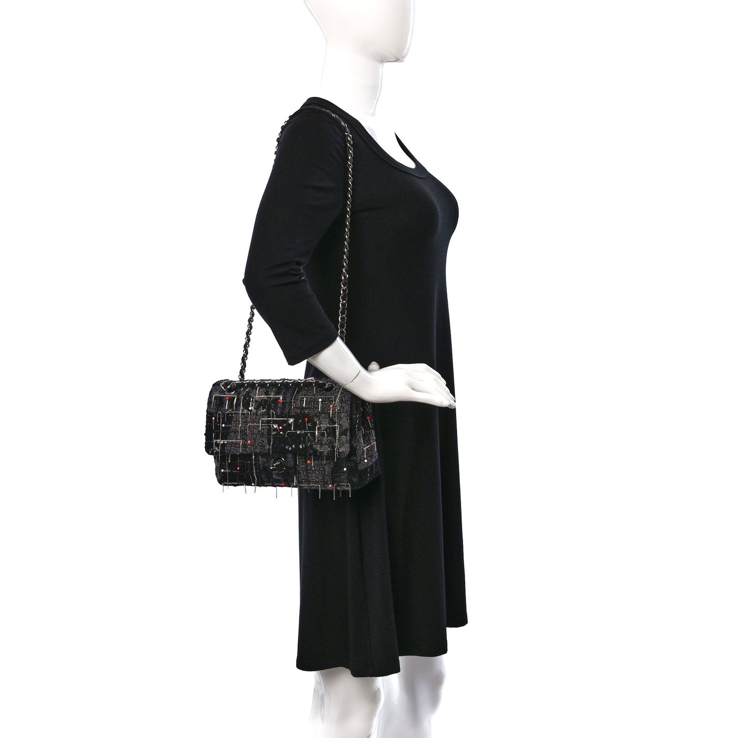 Tweed Quilted Chain Embellished Medium Double Flap Black Multicolor