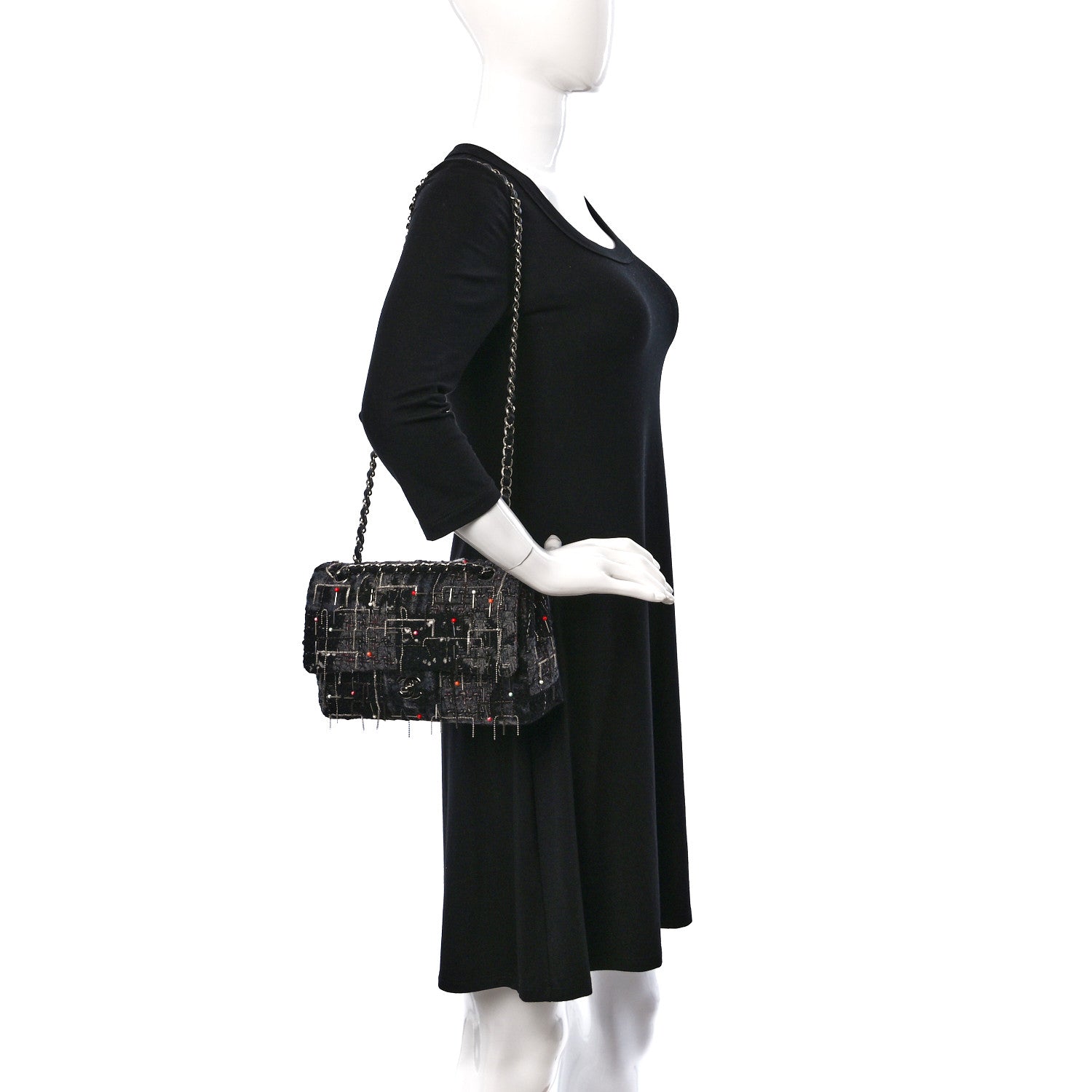 Chanel Tweed Quilted Chain Embellished Medium Double Flap Black Multicolor 2 of 9