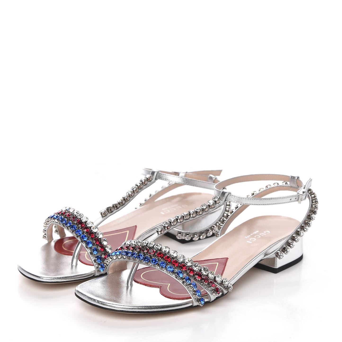 Nappa Silk Crystal Bertie T-Strap Low Heel Sandals 35.5 Argento