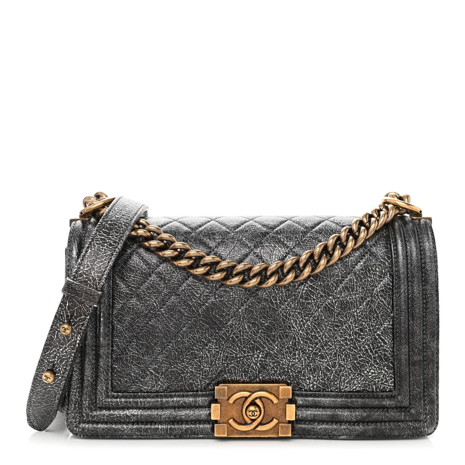 Chanel Cracked Metallic Calfskin Quilted Medium Boy Flap Dark Silver 1 of 12