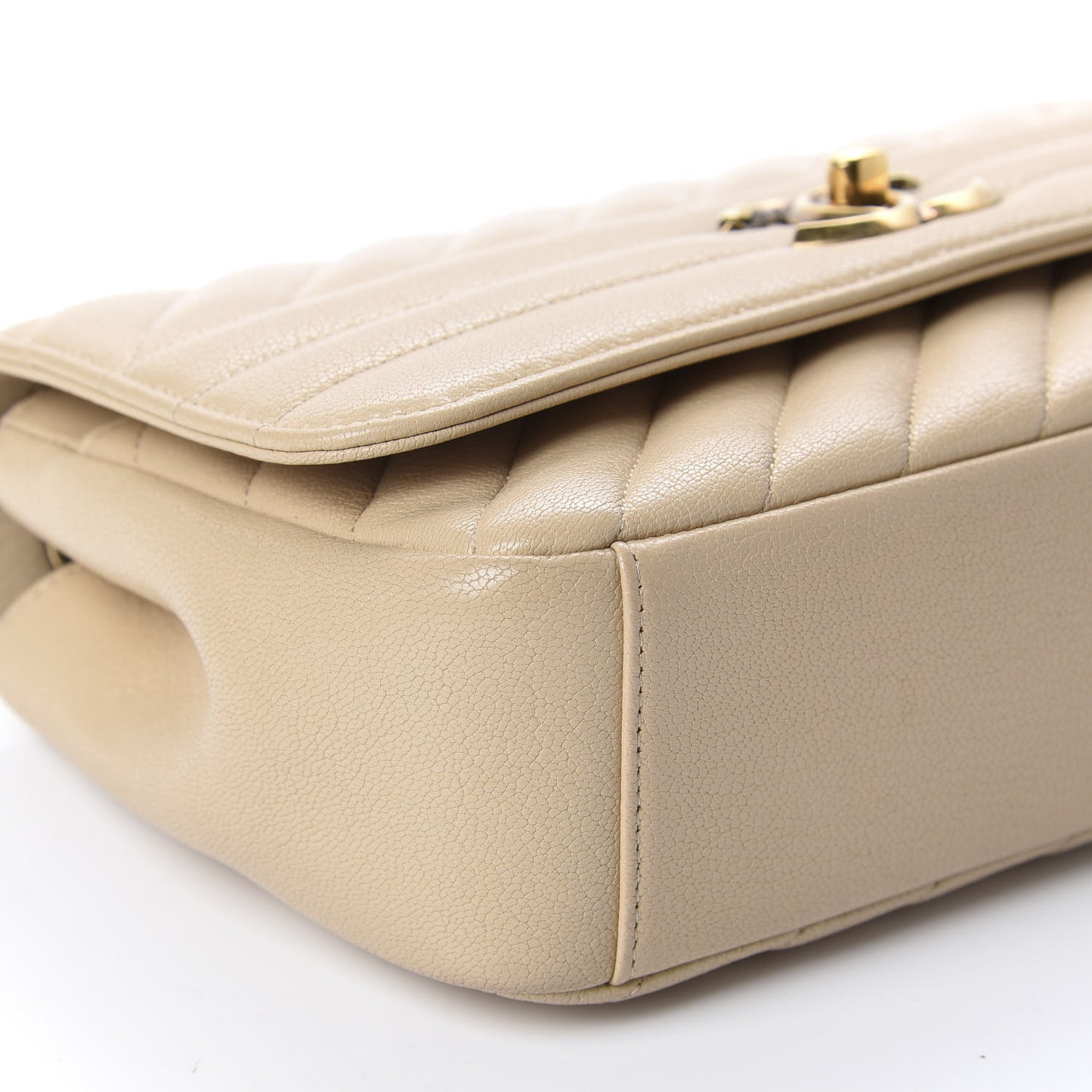 Shiny Goatskin Diagonal Quilted Small Flap Beige