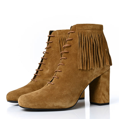 Saint Laurent Suede Babies 90 Fringe Ankle Boots 38 Light Tan 3 of 8