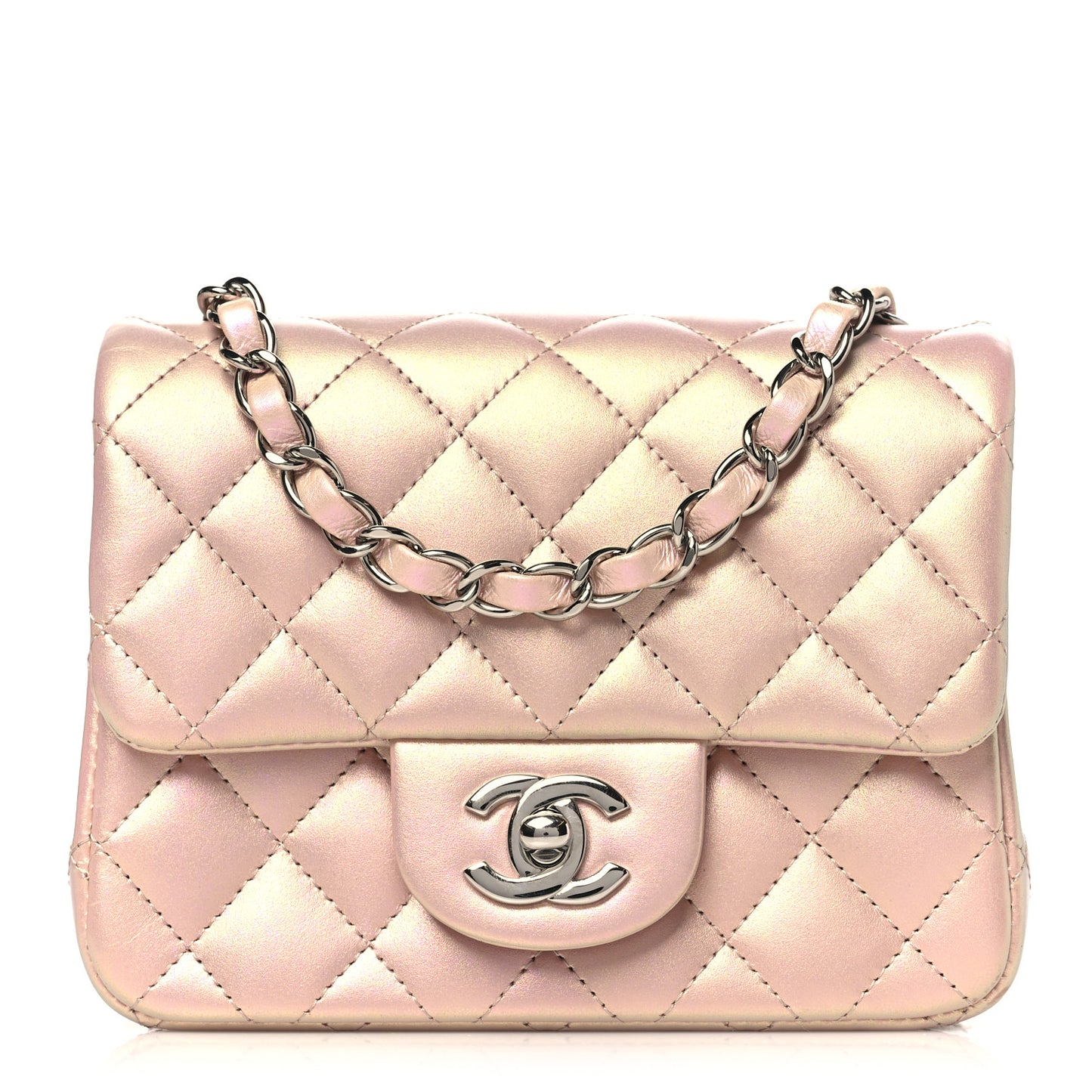 Iridescent Calfskin Quilted Mini Square Flap Pink